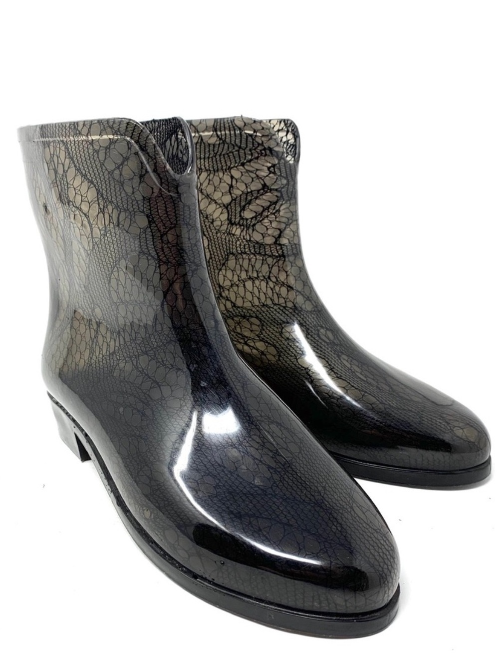 MEL DREAMED BY MELISSA Black Goth Lace Jelly Pull On Style Almond Toe Rain Boots